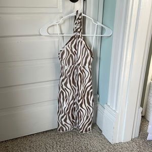 Brown and white zebra bodycon backless mini dress halter